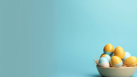 Generative AI : Colorful multicolored blue white yellow easter eggs and white feathers on light blue wooden table Easter background border for congratulations with copy spaceの素材