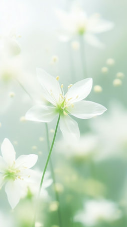 Generative AI : Surprisingly beautiful soft elegant white spring small flower with buds on a green background in the rays of sunlight macro Beautiful exquisite graceful easy airy aの素材