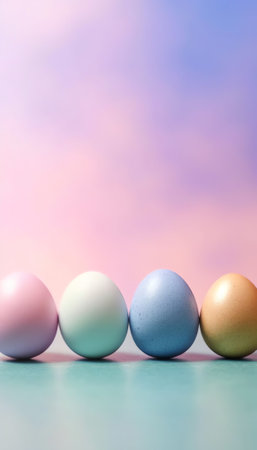 Generative AI : Colorful multicolored blue white yellow easter eggs and white feathers on light blue wooden table Easter background border for congratulations with copy spaceの素材