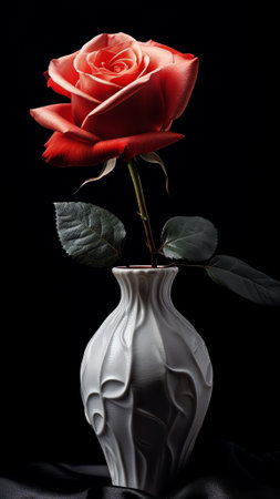 Generative AI : Red rose in a white vase on a table against a black background concept red rose and white rose petals in the fall against a dark backgroundの素材
