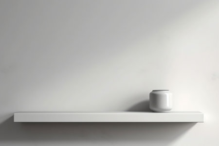 Generative AI : Universal minimalistic background for product presentation White empty shelf on a light gray wallの素材