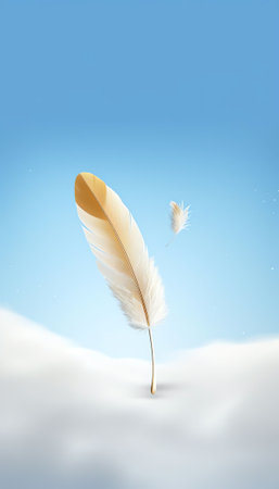 Generative AI : Wing of a bird with white feathers on a blue background Abstract elegant gentle background with soft fluffy feathersの素材