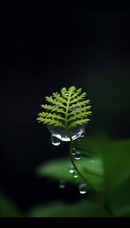 Generative AI : Young fresh fern leaf and beautiful drop of water glows and sparkles in the sun on a green background with copy space Spring bright colorful backgroundの素材