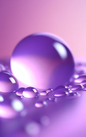 Generative AI : Large drop of liquid water dew oil rain beautiful round shape bright glare and shadow on a saturated purple lilac background closeup macro Amazing elegant colorfulの素材