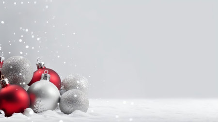 Generative AI : Concept of Christmas Christmas colorful gifts ball and Christmas tree fir on snow in winter snowdrift on silvery sparkling background with falling snow and copy spaの素材