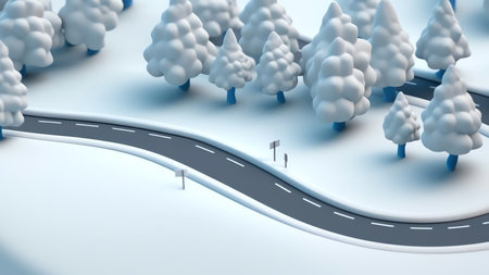 Generative AI : Traces of car in the snow on a winding rural winter road white blue color closeup Beautiful snow cover texture of a road outdoorsの素材