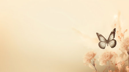 Generative AI : Wallpaper butterfly flutters over pink flowers in nature in open air closeup Elegant graceful natural artistic image in retro vintage style in pastel colors Backgroの素材
