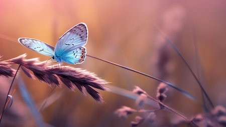Generative AI : Wild blue and lilac flowering fluffy grass in field and two fluttering butterfly on nature outdoors macro Magic artistic image Toned in blue and violet tones Selectの素材