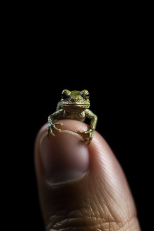 Generative AI : A little pretty lovely green cute frog sitting on a finger closeup of a macro Isolated on white background A concept for protecting animals taking care of natureの素材