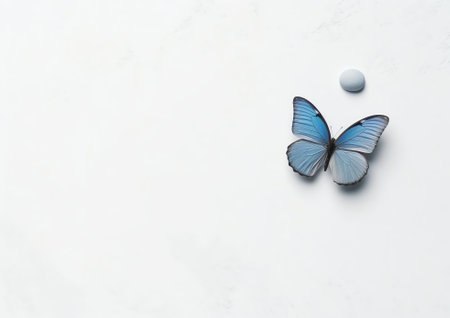 Generative AI : Beautiful blue and white butterfly on a pale blue backgroundの素材