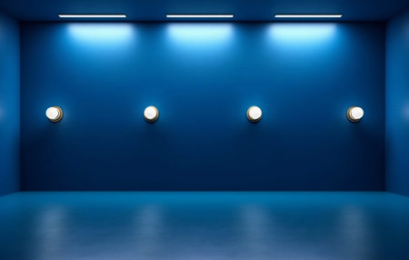 Generative AI : Beautiful versatile backdrop for design and product presentation with blue wall light reflections and wooden floorの素材