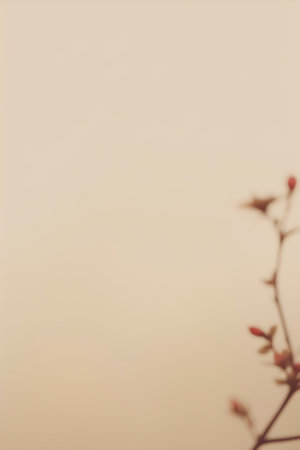 Generative AI : A gentle natural background in pastel colors with a soft focus of blue and beige shades A flowering plant in the spring with blurry soft outlines Ant on branch of tの素材
