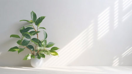 Generative AI : An original light background image with a slight shadow of a plant for the presentation of various products or goodsの素材