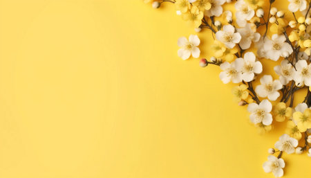 Generative AI : Branches of blossoming cherry blossoms in the spring in the nature closeup panoramic view of the yellow background soft focus Beautiful spring floral panoramic wallの素材