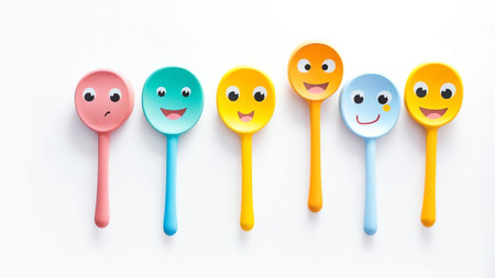 Generative AI : Creative beautiful artistic image smile Yellow plate and spoons in form of an emoticon isolated on white background Unusual amazing template for tasty and healthy fの素材