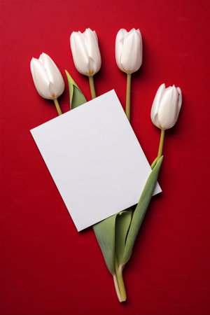 Generative AI : Bouquet of scarlet tulips isolated on white background with free space for congratulatory textの素材
