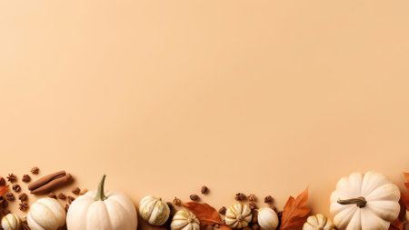 Generative AI : Autumn layout composition border of dry leaves of twigs pumpkin Forest mushrooms and cone on white background Flat lay top view copy space fall conceptの素材