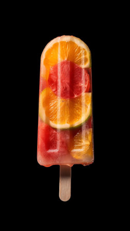Generative AI : Sweet refreshing summer food concept Summer ice cream fruit ice stars yellow orange and red colors and slices of lemon top view on dark background of table free copの素材