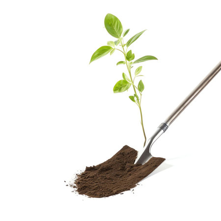 Generative AI : Fresh green young seedlings of sweet pepper plants and tomatoes in a brown soil in greenhouse with a blue garden watering can small garden shovel raker There is rooの素材