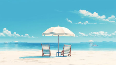 Generative AI : Beautiful beach with white sand turquoise ocean and blue sky with clouds on Sunny day Summer tropical landscape with green palm trees and Straw umbrellasの素材
