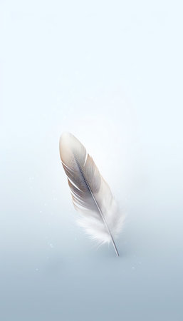 Generative AI : White light airy soft feather with transparent drops of water on light blue background Delicate dreamy exquisite artistic image of purity and fragility of natureの素材