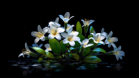 Generative AI : White jasmine flowers on a dark background with drops of waterの素材