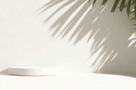 Generative AI : Blurred shadow from palm leaves on the white wall Minimal abstract background for product presentation Spring and summerの素材