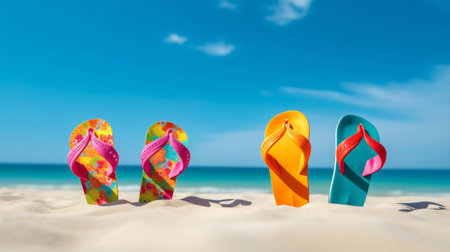 Generative AI : Beautiful colorful background for summer beach holiday Sunglasses starfish turquoise flipflops on sandy tropical beach against blue sky with clouds on bright sunnyの素材