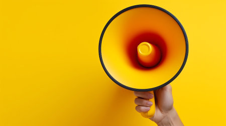 Generative AI : Hand holds a megaphone from a hole in the wall on a yellow background. Concept of hiring, advertising something. Banner.の素材