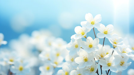 Generative AI : Spring forest white flowers primroses on a beautiful blue background macro. Blurred gentle sky-blue background. Floral nature background, free space for text. Romanの素材