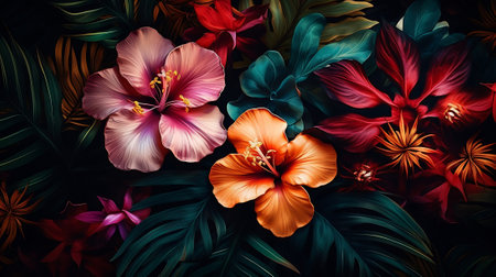 Generative AI : colorful flower on dark tropical foliage nature backgroundの素材