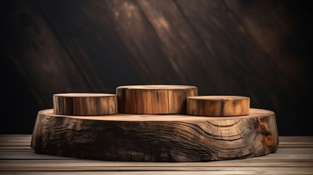 Generative AI : Rustic wood pieces podium. Background for perfume, jewellery and cosmetic products. Front view.の素材