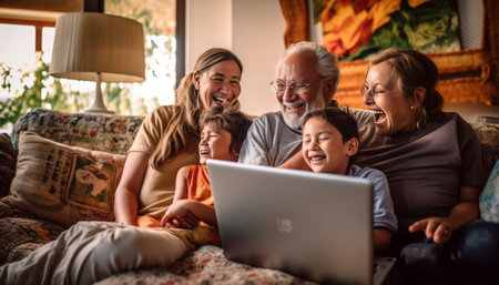 Generative AI : Candid of old senior asian grandparent play and watch with kid grandchildren with technology on computer tablet at home in bonding relationship in family Young girlの素材