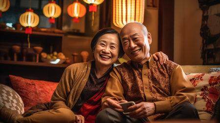 Generative AI : Candid of attractive old asian couple husband and wife us technology for video call via smartphone 5G internet connection sitting on coach at home Senior parent watの素材