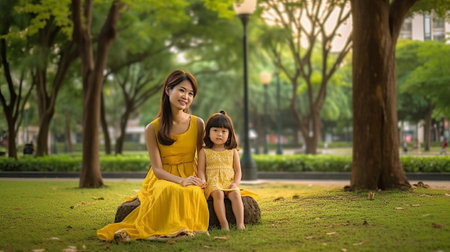 Generative AI : Portrait of young happy asian mother and little cute daughter smiling sitting and looking at camera at outdoor public nature park with copy space in family bondingの素材