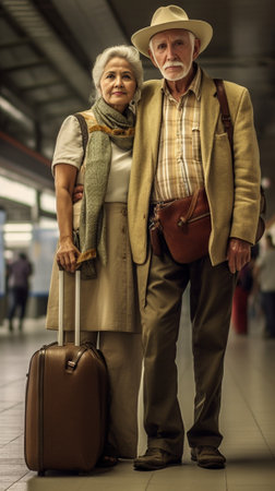 Generative AI : Couple traveler in happy moment with baggage at train terminal Travel summer conceptの素材