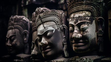 Generative AI : Details of Stone faces sculpture and rock carvings at gate of Bayon wat in Angkor Thom temple world famous travel destination Cambodia and siem reap tourism Buddhisの素材