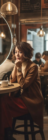 Generative AI : Charming beautiful woman is listening music and chatting by smartphone in coffee shop cafe seen through glassの素材