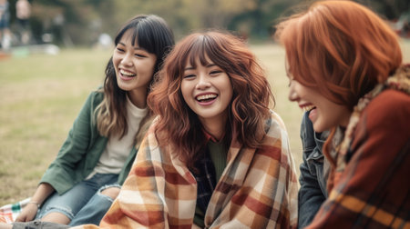Generative AI : Three asian women laughing and smiling in park Group Of Friends Having Fun Together Outdoors Enjoy moment of friend during walking and camping together Lifestyle anの素材