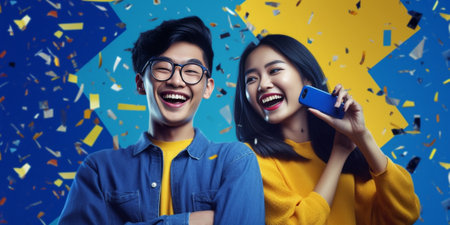 Generative AI : Banner of asian group of friends talking and laughing with happy in gathering meeting sitting at home feeling cheerful and enjoy game in leisure time together Peoplの素材