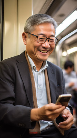 Generative AI : Candid of old asian retired man using mobile phone to transfer money online or financial payment and read text smile or laugh with happy and positive Senior asian wの素材