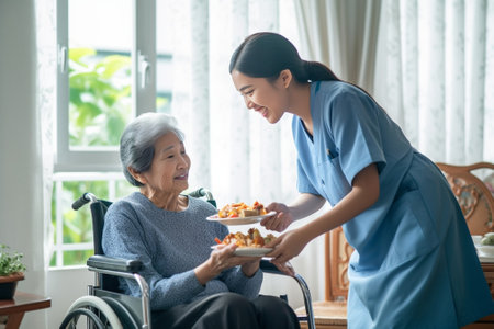 Generative AI : Attractive young senior asian citizen couple happy sit talk eat soup for healthy nutrition breakfast meal on dining table at home in morning in routine lifestyle inの素材