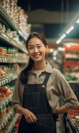 Generative AI : Asia people young adult woman happy buy eco bio goods pack on shelf Trendy healthy living life SME startup store go green market refill bulk shop reduce global climの素材