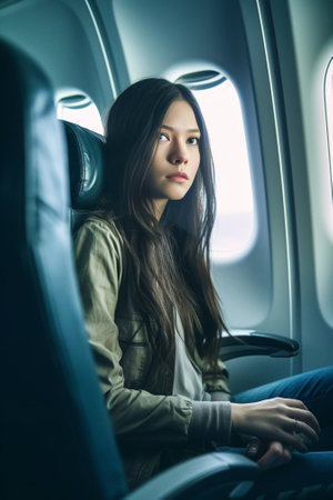 Generative AI : Close up of young asian woman hand passenger fastening seat belt while sitting on airplane for safety in safety on board with soft tone conceptの素材