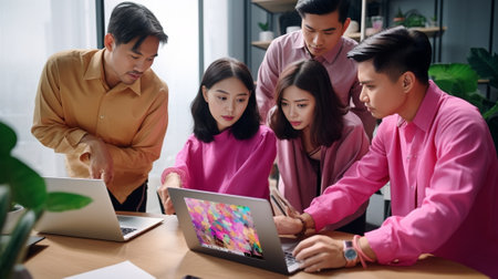 Generative AI : Group of young happy asian work from home meeting or brainstorming online video conference application on 5G internet with covid coronavirus business continuity plaの素材