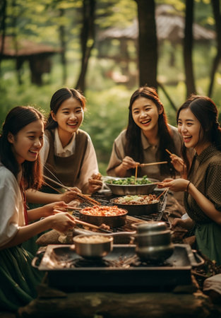 Generative AI : Group of man woman asia people fun joy prepare set dine table plate glass cutlery in cozy party host event at home front yard patio Young adult child friend enjoy hの素材