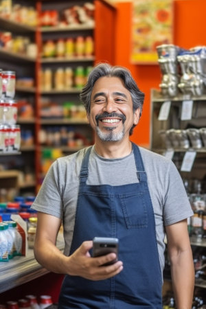 Generative AI : Smiling happy mature asian man with white stylish short beard using smartphone gadget serving internet at coffee shop cafe outdoor Old indian or hispanic man usingの素材