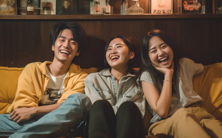 Generative AI : Asia teen three people enjoy fun relax reopen indoor dinner welcome back party after covid eat health care vegan food and drink in coffee shop selfie smile to camerの素材