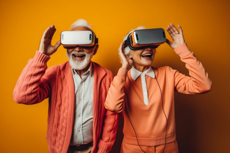Generative AI : Candid of attractive senior asian couple using virtual reality or vr glasses technology or innovation playing game for fun together at home Old asian parents lifestの素材