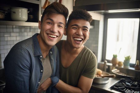 Generative AI : Candid of young attractive asian men couple in kitchen or indoor hugging with love together sitting at table with computer and snack Gay homosexual lifestyle at homの素材